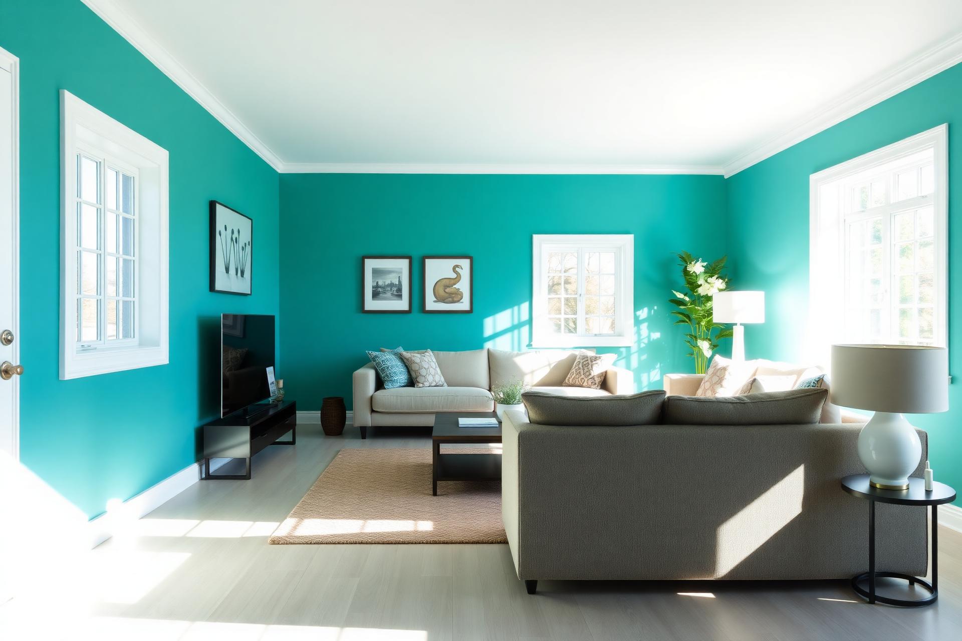 Bright teal-painted living room with crisp white window trim